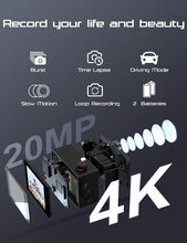 Carica l'immagine nel visualizzatore di Gallery, Apexcam 4K Action Cam 20MP Con Scheda di Memoria 64GB WiFi Sports Camera Ultra HD Telecamera subacquea 40M 170 ° Wide Angle 2.4G Telecomando Time Lapse 2x1050mAh Batterie
