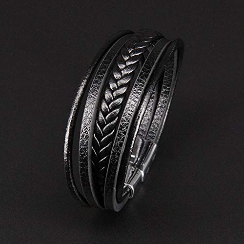 Bracciale Uomo In Vera Pelle Nera Intrecciata Con Chiusura In Lega – Regalo Unisex 23 Cm
