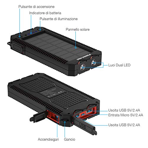 Power Bank da 10000 mAh, caricabatterie da esterno con cavi integrati, porte USB multiple, indicatore LED e torcia, certificato CE FCC