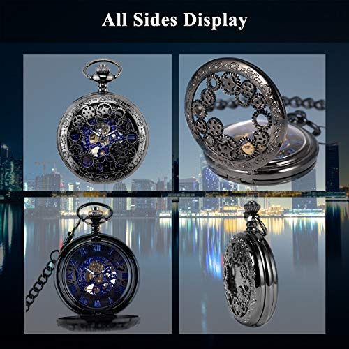 Orologio Da Taschino Meccanico Con Catena - Design Vintage Scheletrato Numeri Romani Con Lente D'Ingrandimento - Foto 2