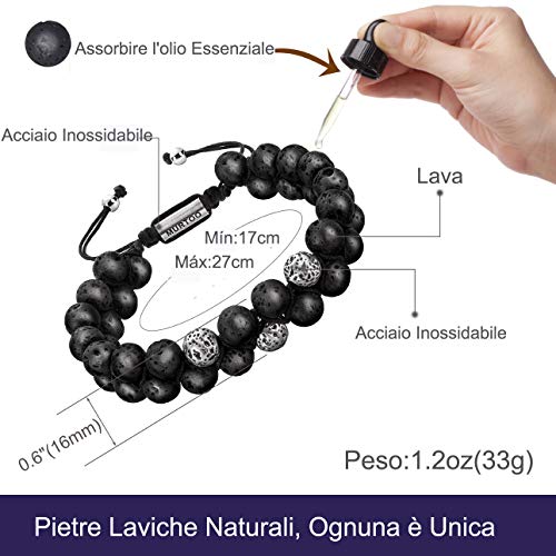 Murtoo Bracciale Uomo In Acciaio Inox Con Pietre Naturali Occhio Di Tigre E Lavica - Regolabile - Portafortuna Con 7 Chakra