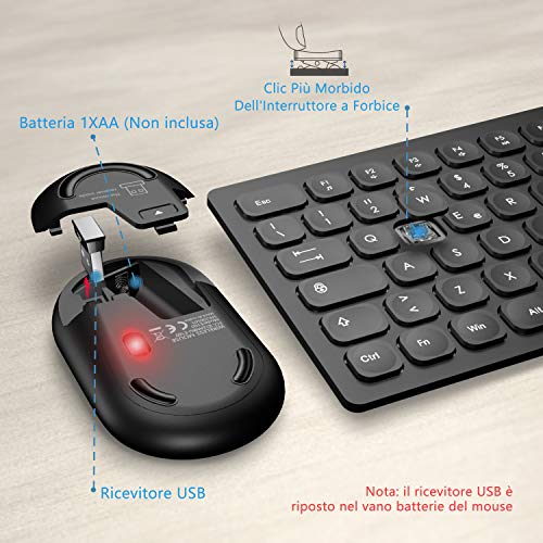 Combo Tastiera E Mouse Wireless TopMate &ndash; Ultra Sottile, Silenzioso, 2.4G, Bianco
