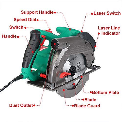 Sega Circolare HYCHIKA 1500W - 2 Lame 190mm, Taglio Max 65mm, Guida Laser, Angolo Regolabile 0-45°, Motore Rame