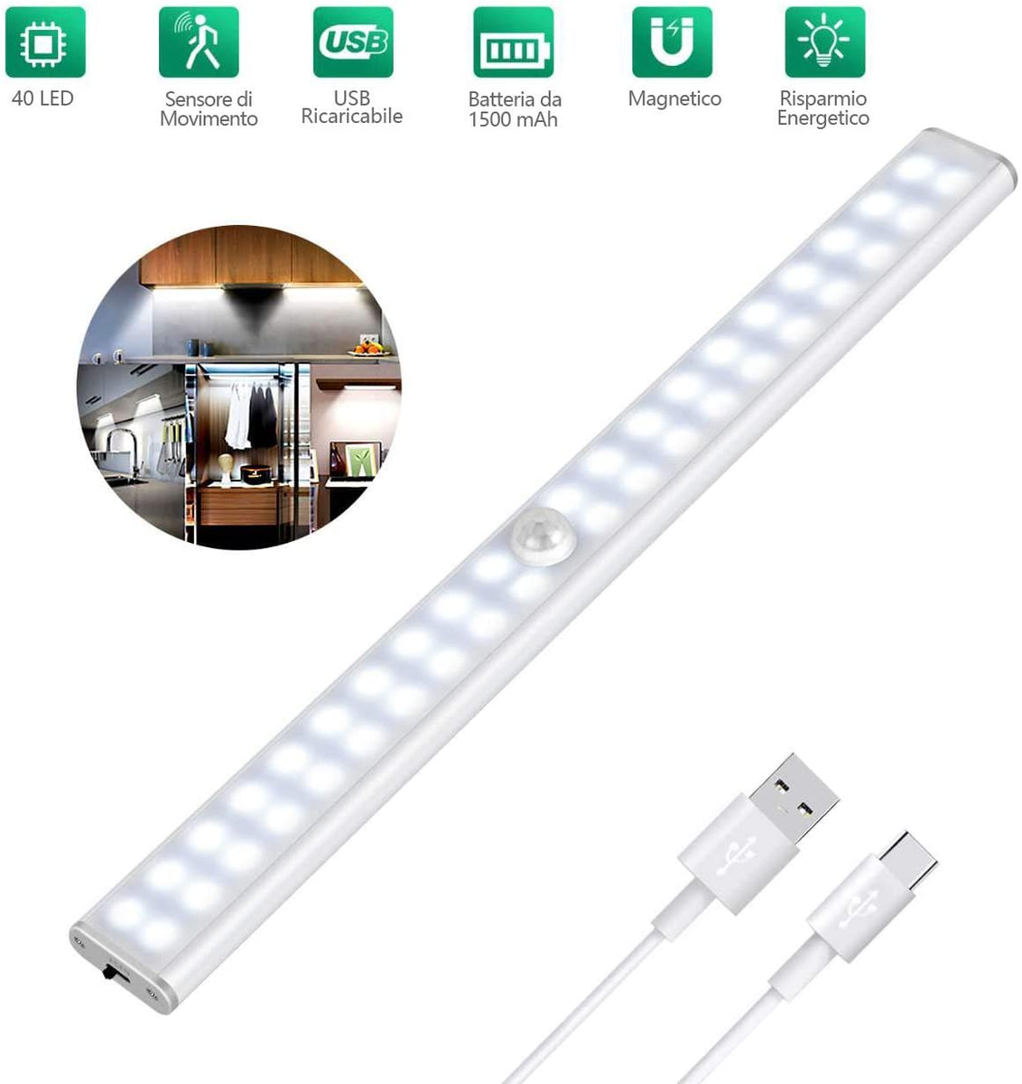 Smiling Shark Luce LED Con Sensore Di Movimento – 1200 MAh Ricaricabile USB, 3 Temperature Colore E Dimmer, Barra Magnetica Per Armadi E Cucine (2 Pezzi)