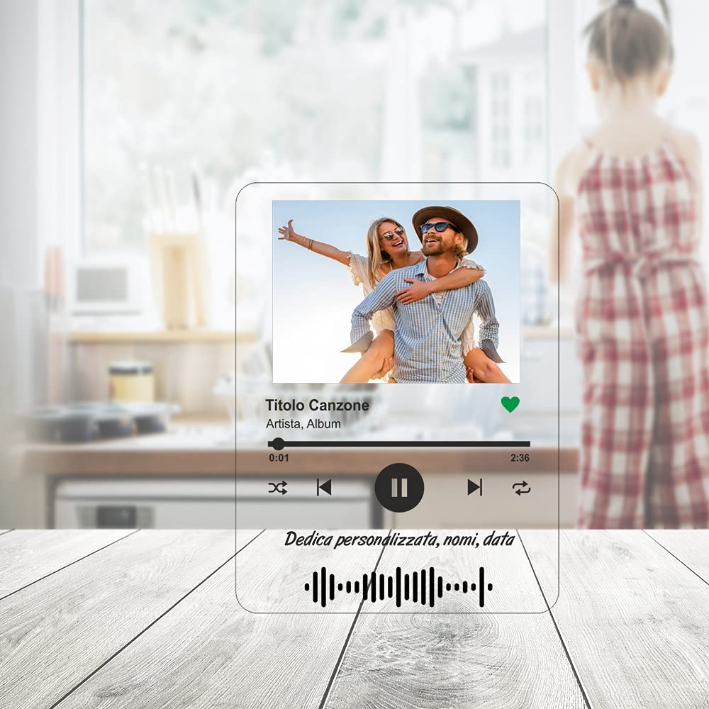 Lampada a Led Placca in Plexiglass con Foto, Nomi della Coppia e Codice Canzone Spotify - Idea Regalo San Valentino per Lui e per Lei, Anniversario, Decorazione per la Casa | Olallà