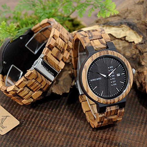 BEWELL Orologio da uomo analogico in legno zebrano, al quarzo, con BEWELL Orologio da uomo analogico in legno zebrano, al quarzo, con