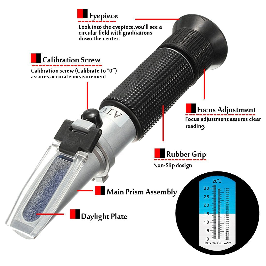 Rifrattometro Per Birra Brix E Gravità Specifica - Doppia Scala 0-32% Brix / 1.000-1.130 SG - Per Homebrewers - Foto 5