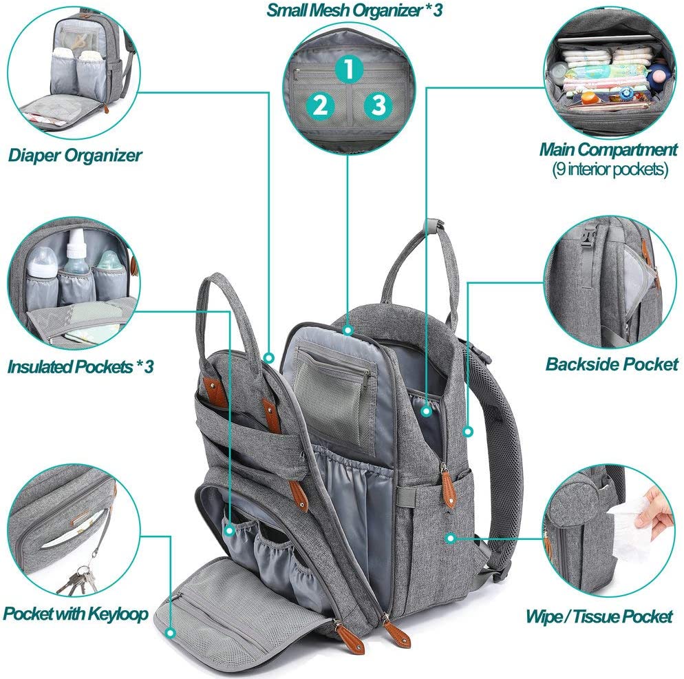Zaino Per Pannolini BabbleRoo - Multifunzione, Impermeabile, Con Fasciatoio E Custodia Ciuccio - Foto 9
