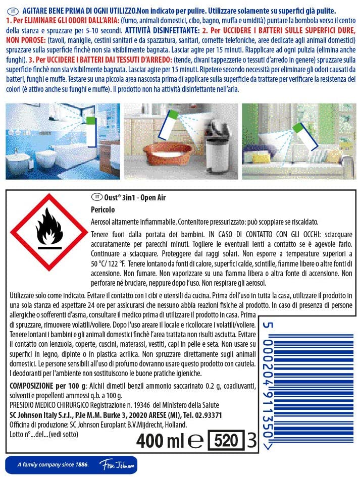 Oust 3 in 1 Spray Disinfettante 400 ml, per Superfici e Tessuti, Uccid –