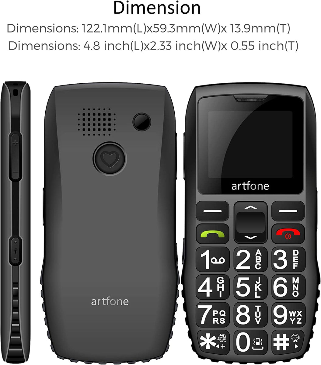 Artfone C1 Telefono Cellulare per Anziani con Tasti Grandi, Funzione SOS, Batteria di grande capacità, Nero