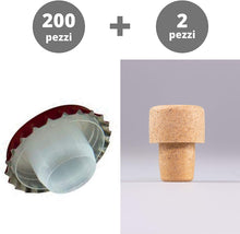 Carica l'immagine nel visualizzatore di Gallery, 200pz. Tappi corona con bidul Medusa Ø 29 mm. BREVETTO ANTIRUGGINE adatti all'imbottigliamento di vino fermo, frizzante e spumante + Omaggio 2 tappi fungo per richiudere le bottiglie (Rosso)