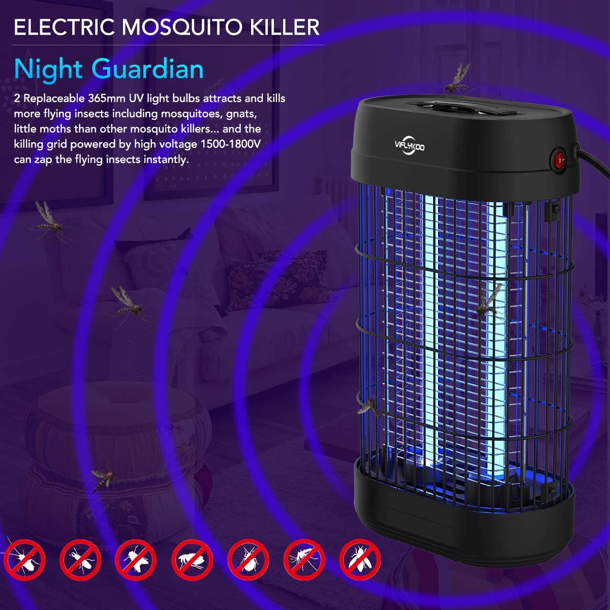 Lampada Antizanzara 20W 2000V Elettrica Per Interni/Esterni Con Luce LED – Ammazza Insetti Per Giardino, Cucina E Campeggio