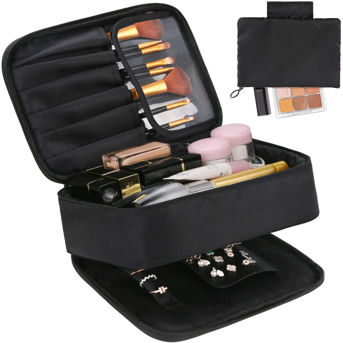 Porta Gioielli Da Viaggio Piccolo In Pelle PU E Velluto - Organizer Portatile Con Scomparti Per Anelli, Orecchini E Collane - Nero - 2