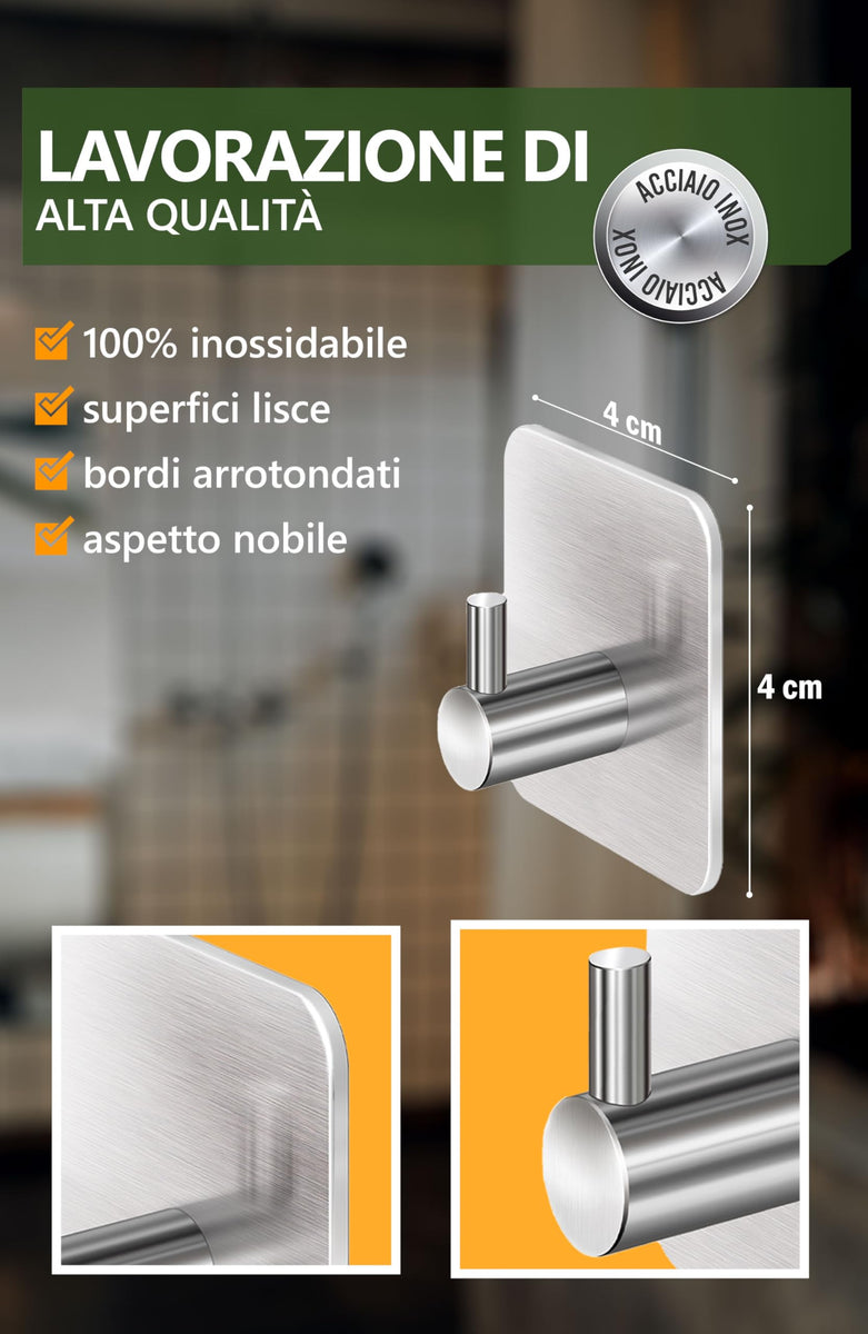 LIEBHEIM Ganci per asciugamani senza forare - nastro adesivo di montaggio TESA per una tenuta ottimale - ganci adesivi in acciaio inossidabile - autoadesivi (acciaio inox spazzolato, 4x 4.5 cm