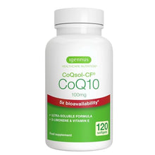 Carica l'immagine nel visualizzatore di Gallery, Integratore CoQ10, Coenzima Q10 100mg, 4 mesi, Biodisponibilità 5x Superiore, Formula Ultra-Solubile CoQsol-CF, Ubichinone potenziato con vitamina E e D-Limonene, 120 softgels 1 al giorno - Igennus