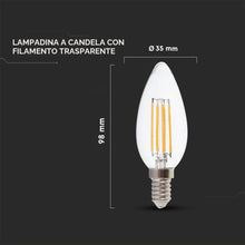 Carica l'immagine nel visualizzatore di Gallery, V-TAC VT-1986 4W LED CANDLE FILAMENT BULB COLORCODE:3000K E14