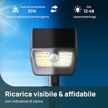 Carica l'immagine nel visualizzatore di Gallery, Linkind lampade solari 2 in 1 Luci Solari Esterno Giardino con Sensore di Movimento,3000K &amp; 6500K, 60 LED faretti energia solare da esterni con indicatore di carica,impermeabili IP67,3 Pezzi