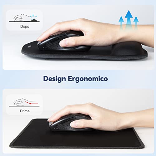 Tappetino Mouse Ergonomico Con Supporto In Memory Foam Per Polso – Base Antiscivolo, 23x19 Cm, Superficie Liscia, Nero, Per PC, Laptop, Ufficio E Gaming