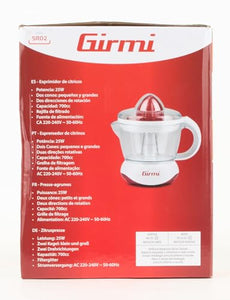 Girmi SR02 Spremiagrumi Elettrico, 25 W, Capacità 700cc, Doppia coppa di spremitura piccola e grande, Rosso/Bianco