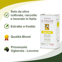 Carica l'immagine nel visualizzatore di Gallery, Le Fascine "Blend Delì" - Olio Extravergine Di Oliva 100% Italiano Estratto A Freddo Prodotto Da Olive Provenzale Ogliarola e Leccino (Latta da 5 Litri)