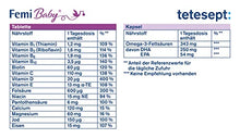 Carica l'immagine nel visualizzatore di Gallery, tetesept Femi Baby – 16 nutrienti per concepimento, gravidanza e allattamento – con acido folico, ferro, iodio + DHA – confezione mensile da 30 compresse + 30 capsule