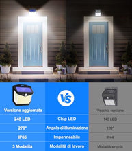 Carica l&#39;immagine nel visualizzatore di Gallery, Luci LED Esterno Giardino Solare - 248 LED Luce Esterno con Pannello Solari con Sensore da Movimento 3 Modos 270° Illuminazione Lampada Solare da Esterno IP65 Impermeabile per Parete Garage