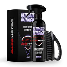 Carica l'immagine nel visualizzatore di Gallery, Pulisce la tappezzeria in tessuto e Alcantara per sedili e tappetini dell'auto, Detergente per interni auto Nuovo profumo - BassMotor Ultimate Interior 500ml + Spazzola