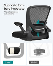 Carica l'immagine nel visualizzatore di Gallery, SONGMICS Sedia da Ufficio, Girevole, di Rete, da Computer Ergonomica, Supporto Lombare Imbottito, Funzione Oscillante, Seduta 53 cm, Braccioli Pieghevoli, Nero OBN37BK