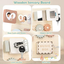 Carica l&#39;immagine nel visualizzatore di Gallery, Joyreal Pannello Sensoriale Bambini Montessori Legno - Busy Board Giochi Montessori 1 2 3 Anni Tavola Sensoriale con Carillon Specchio Neonati Giochi Educativi Regalo