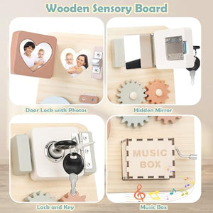 Joyreal Pannello Sensoriale Bambini Montessori Legno - Busy Board Giochi Montessori 1 2 3 Anni Tavola Sensoriale con Carillon Specchio Neonati Giochi Educativi Regalo