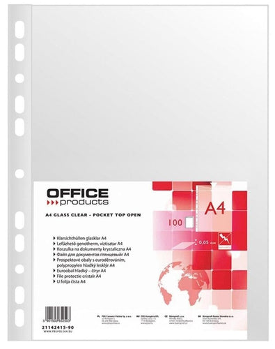 OFFICE PRODUCTS Buste Trasparenti A4 / Confezione da 100 / Din A4 / Cristallino/con apertura superiore Busta in plastica perforata per documenti Carte Cartelle Cartelle/PP/Trasparente 50 micron
