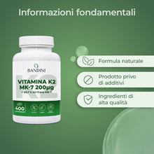 Carica l'immagine nel visualizzatore di Gallery, Bandini® Vitamina K2 MK7 200µg | 400 Compresse | Menachinone Alto Dosaggio