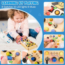 Carica l'immagine nel visualizzatore di Gallery, Pmgud Busy Board Montessori Activity Board a Partire da 1 Anno Giocattolo Montessori in Legno con 8 interruttori, 15 luci a LED, 6 musiche per Neonati e Bambini Piccoli Educazione sensoriale