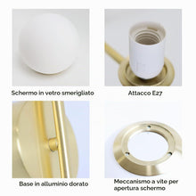 Carica l'immagine nel visualizzatore di Gallery, Alpinaluz Applique da parete: paralume a sfera in vetro opaco bianco, portalampada in alluminio dorato E27, stile modern