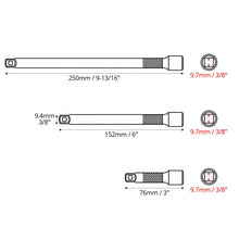 Carica l'immagine nel visualizzatore di Gallery, QWORK® 3 pezzi estensione per chiavi a bussola 3/8 pollici, 75 mm/150 mm/250 mm prolunga chiave a cricchetto in acciaio 