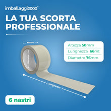 Carica l'immagine nel visualizzatore di Gallery, IMBALLAGGI 2000 - Nastro Adesivo Trasparente in Polipropilene, 6Pz 5cm x 66mt x 76 mm, per Pacchi, Resistente a Strappo 