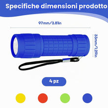 Carica l'immagine nel visualizzatore di Gallery, 4 mini torcia a LED, rivestimento in silicone, torcia LED con 9 LED, impermeabile, piccola con cordino per campeggio, at