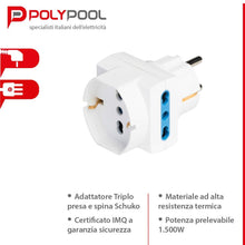 Carica l'immagine nel visualizzatore di Gallery, Poly Pool PP2351 Adattatore Triplo Spina 16 A (Standard Franco/Tedesco) Grande 2 Prese Bivalenti E 1 Presa Pluristandard
