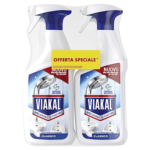 Viakal Classico Spray Anticalcare, (2 x 720ml), Tecnologia Anti-Goccia, Elimina Fino Al 100% di Calcare e Residui di Sapone, Combatte i Cattivi Odori, Brillantezza a Lungo