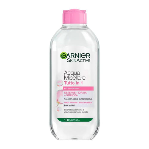 Garnier SkinActive Acqua Micellare Tutto in 1, Per Pelli Sensibili, 100% del Trucco Rimosso, Pelle Detersa e Idratata per 12H, Senza Residui e Senza Risciacquo, Con Micelle e Glicerina, 400 ml