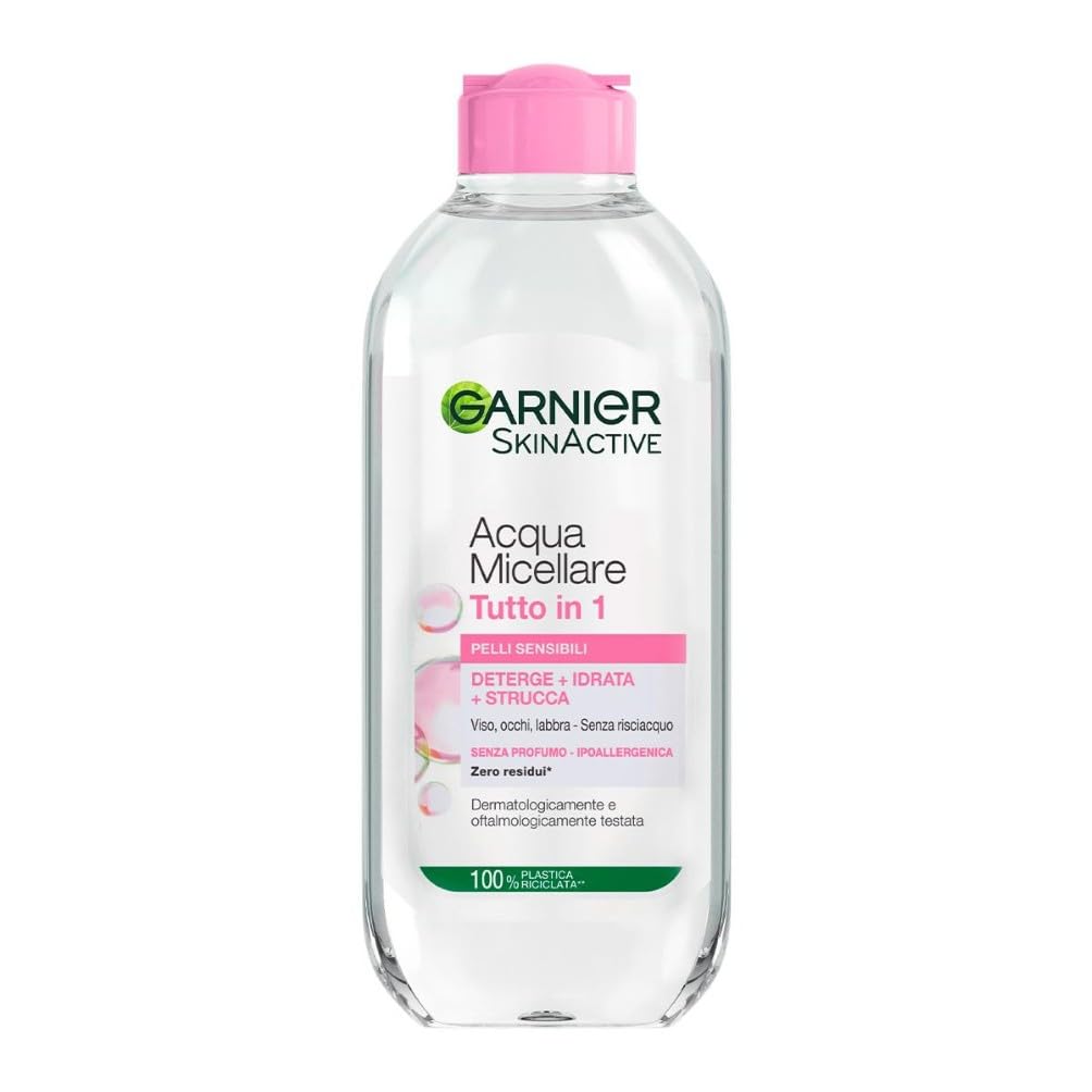 Garnier SkinActive Acqua Micellare Tutto in 1, Per Pelli Sensibili, 100% del Trucco Rimosso, Pelle Detersa e Idratata per 12H, Senza Residui e Senza Risciacquo, Con Micelle e Glicerina, 400 ml