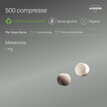 Carica l'immagine nel visualizzatore di Gallery, Melatonina Pura 1mg - 500 Compresse (+16 Mesi)- Melatonina Forte Pura