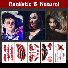 Carica l'immagine nel visualizzatore di Gallery, Tatuaggi Temporanei Halloween, 280+PCS/60Fogli Trucco Adesivo Viso Halloween - Halloween Zombie Scar Tattoos con Sangue Finto, Cicatrici Finte, Costume Speciale Trucco per Bambini Adulti Cosplay