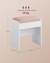 Carica l&#39;immagine nel visualizzatore di Gallery, VASAGLE Sgabello Toeletta Trucco, Sgabello Imbottito Postazione Trucco, Velluto, Piedini con Cuscinetti Antiscivolo, Camera da Letto Cabina Armadio Ingresso, Bianco Opaco e Rosa Pastello RDS001W01