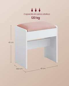 VASAGLE Sgabello Toeletta Trucco, Sgabello Imbottito Postazione Trucco, Velluto, Piedini con Cuscinetti Antiscivolo, Camera da Letto Cabina Armadio Ingresso, Bianco Opaco e Rosa Pastello RDS001W01