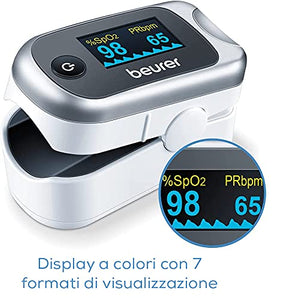 Beurer PO 40 Saturimetro per il Monitoraggio della Saturazione di Ossigeno nel Sangue, Battito Cardiaco e Indice di Perfusione, Pulsossimetro con Luminosità Regolabile e Spegnimento Automatico