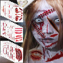 Carica l'immagine nel visualizzatore di Gallery, Tatuaggi Temporanei Halloween, 280+PCS/60Fogli Trucco Adesivo Viso Halloween - Halloween Zombie Scar Tattoos con Sangue Finto, Cicatrici Finte, Costume Speciale Trucco per Bambini Adulti Cosplay