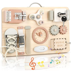 Joyreal Pannello Sensoriale Bambini Montessori Legno - Busy Board Giochi Montessori 1 2 3 Anni Tavola Sensoriale con Carillon Specchio Neonati Giochi Educativi Regalo