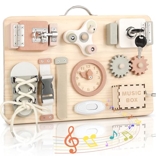 Joyreal Pannello Sensoriale Bambini Montessori Legno - Busy Board Giochi Montessori 1 2 3 Anni Tavola Sensoriale con Carillon Specchio Neonati Giochi Educativi Regalo