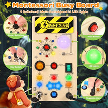 Carica l'immagine nel visualizzatore di Gallery, Ophy Giochi Montessori Busy Board 1 Anno, Bambini Giochi in Legno, Montessori Sensoriale con 9 Interruttori 16 Luci a LED, Giochi Educativi Giocattolo per Bambini 2 3 4 Anni
